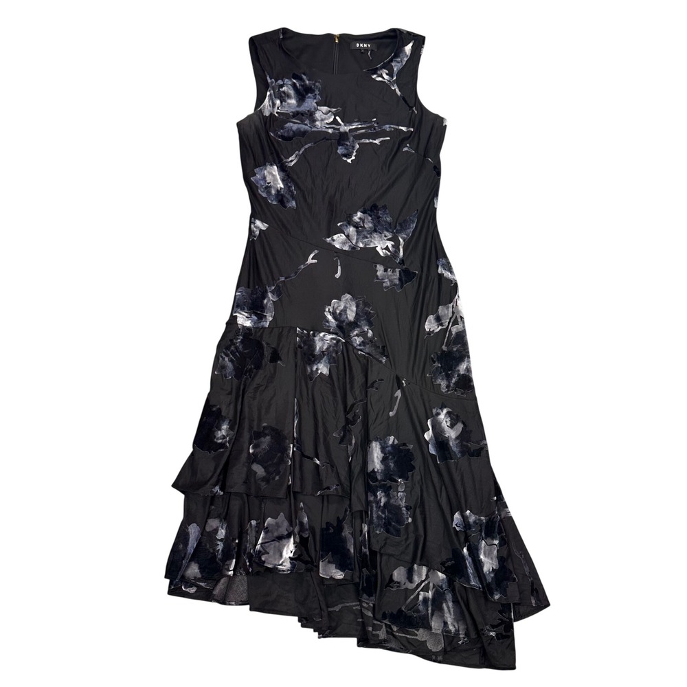 DKNY Womens Black Grey Floral Burnout Velvet Asymmetrical Ruffle Midi Dress 6
